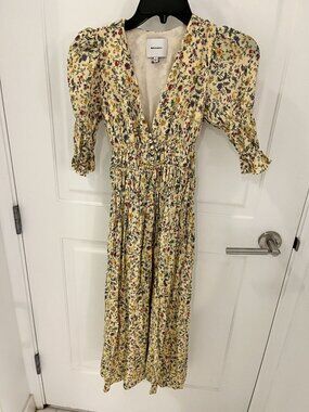 NWOT Reformation Cyrus Dress in Yasmeen Yellow Floral Size 0 Maxi Smocked Midi